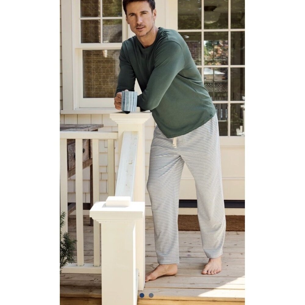 LAKE Men's Pima Sleep Pants in English Ivy Bar Stripe elastic waist pockets XL